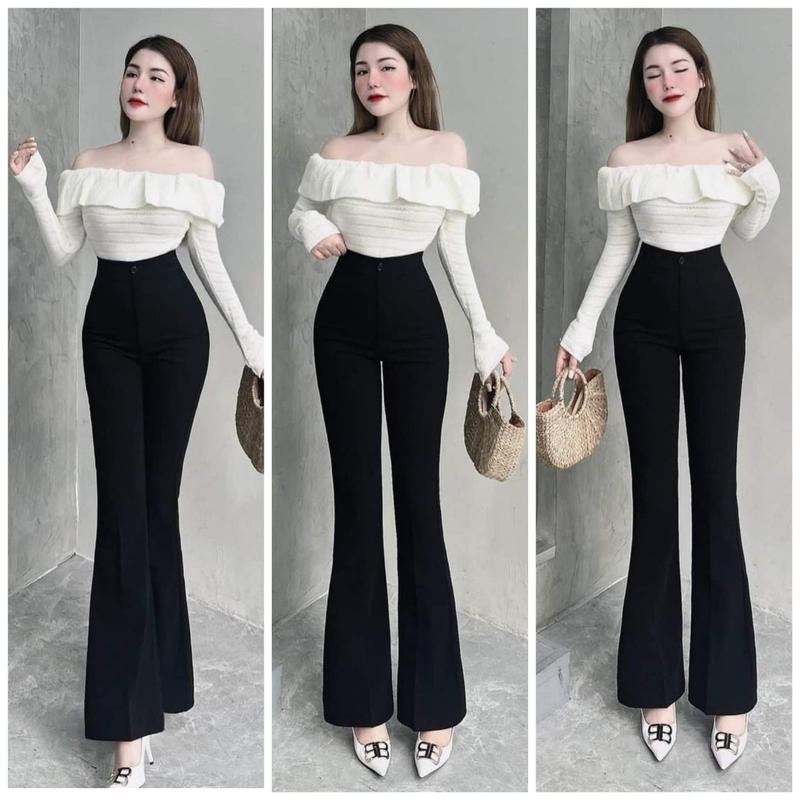 Quần ống loe nữ lưng cao 1 cúc công sở đi học hẹn hò hack dáng quần legging ống loe cạp cao ống rộng dài vải Umi dày màu đen Ong Women Pants
