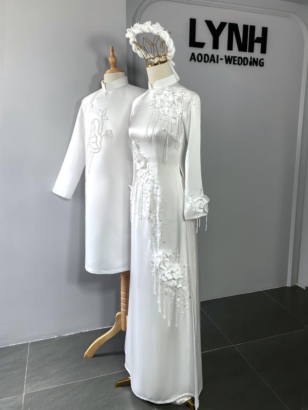 Áo dài cặp THIẾT KẾ KIỂU DÁNG HOA TRÀ sang trọng MẦU TRẮNG - Áo dài Lynh 3