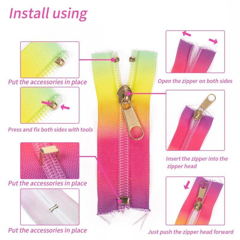 Product Introduction of Colorful Zipper Kit, 1 Set Including No. 5 Nylon Zipper & No. 5 Zipper Sliders & No. 5 Accessories, Diy Sewing Accessories for Clothes, Bags, Coats 6