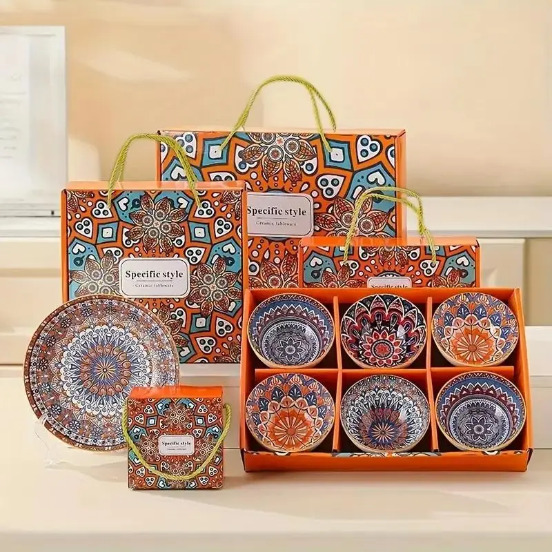 Boho Style Ceramic Tableware Set, Including Bowl & Plate & Spoon & Chopsticks & Gift Bag, Household Tableware Set for Home Kitchen Dining Room 0