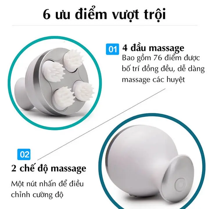 Máy massage đầu dưỡng sinh 3 chế độ, Máy mát xa cầm tay 4 đầu xoay 360 độ, Máy massage đầu mini có kèm dây sạc 4