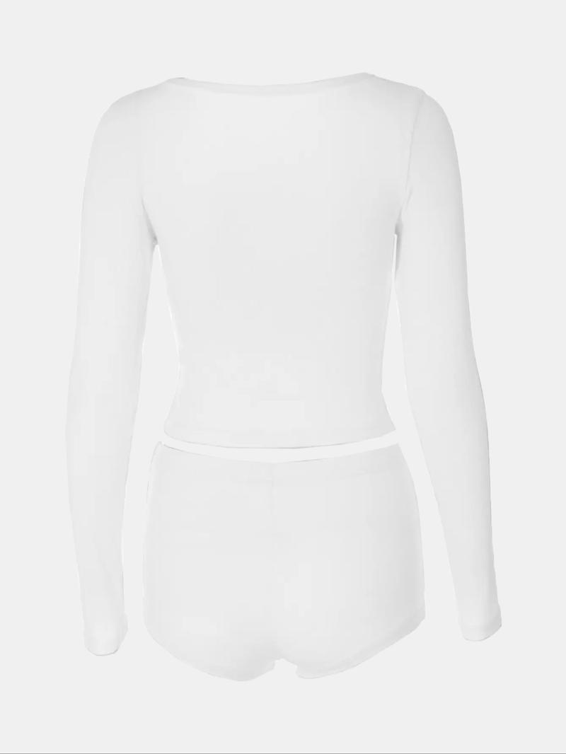 Product Introduction of Women's Solid Button Front Crop Tee & Elastic Waist Shorts Set, Casual Long Sleeve V Neck Top & Shorts Two Piece Set For Daily Wear, Ladies Clothes For All Seasons 2