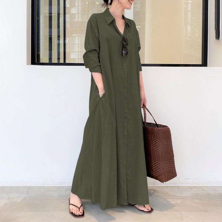 Product Introduction of Women European and American style cotton linen solid color lapel long sleeve insert bag simple loose casual long shirt dress 52