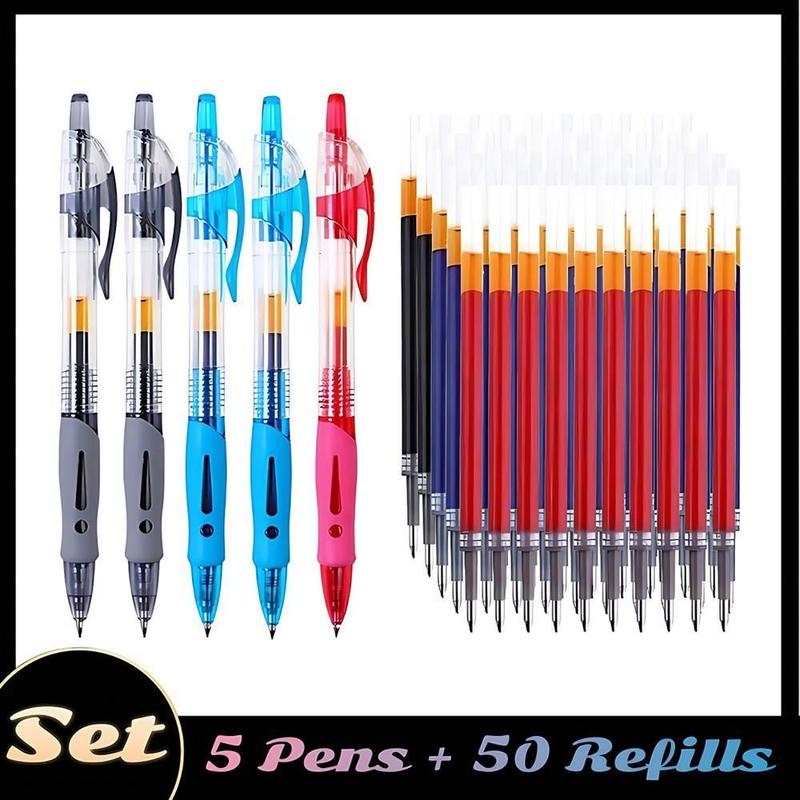 Bộ 5 bút bấm + 50 ruột bút thay thế, ngòi 0.5mm viết mượt - 3 màu đen/đỏ/xanh dành cho học sinh & văn phòng!​ Bút bi béo Bút gel ngòi tay  mồi  viết