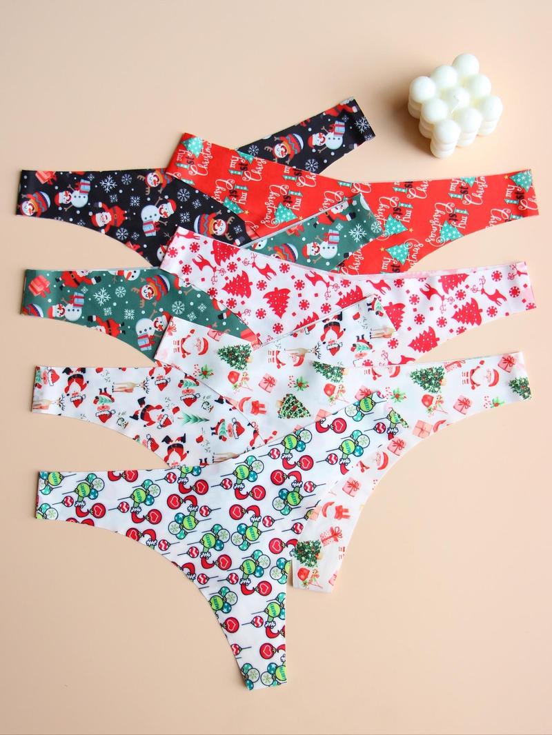 Product Introduction of Women's Christmas All Over Cartoon Print Thong, Soft Comfy Breathable Seamless Panty for Daily Wear, Women's Underwear for All Seasons 12
