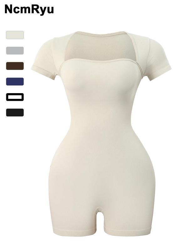 Women's Basic Square Neck Sports  Romper, Pickleball & Tennis Clothes, Lady Sporty Back To School Short Sleeve Ribbed Romper, Ladies   Minimalistic Clothes for Indoor Outdoor Wear, Womenswear 5