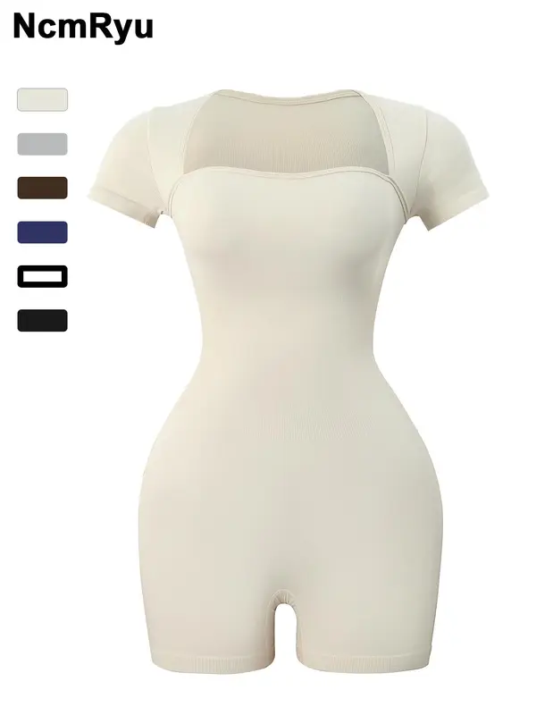 Women's Basic Square Neck Sports  Romper, Pickleball & Tennis Clothes, Lady Sporty Back To School Short Sleeve Ribbed Romper, Ladies   Minimalistic Clothes for Indoor Outdoor Wear, Womenswear 5