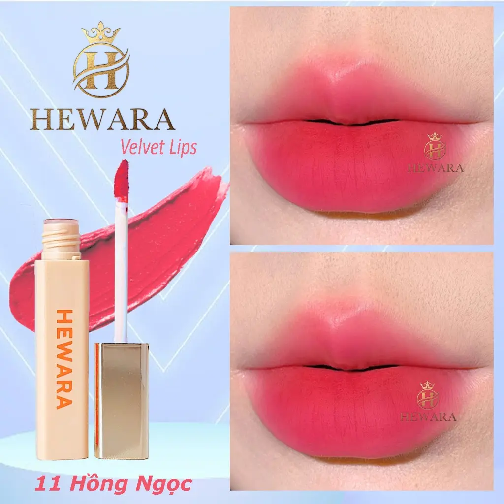 Son Kem Lì HEWARA Velvet Lips chất nhung mịn, mềm môi, bền màu, hàng chính hãng, màu HỒNG NGỌC