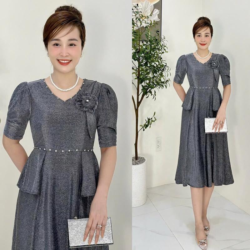 Đầm Trung Niên M672 Vải Nhủ co giãn đính đá DMC cho mẹ đi chơi dự tiệc Ôm gọn Thanh lịch Dress Váy Nữ Đỏ Women  Màu Trắng Thun Lệch Vai 2