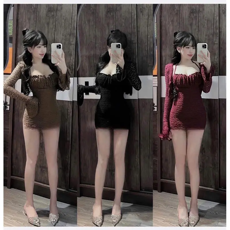 Đầm Body 2 Dây From Ôm Dáng Thiết Kế Tay Loe Ren Lưới Sang Chảnh 2 Lớp Cột Dây Sau Cổ  - Váy Dự Tiệc