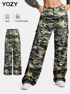 YOZY Women's Camo Print Button Pocket Cargo Pants, Casual Street Trousers for Daily Wear, Ladies Bottoms for All Seasons