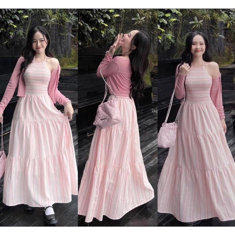 Đầm thời trang nữ mặc đi chơi chất linine cao cấp sọc caro cổ yếm dây đầm maxi kèm khoác borip tay dài váy 6