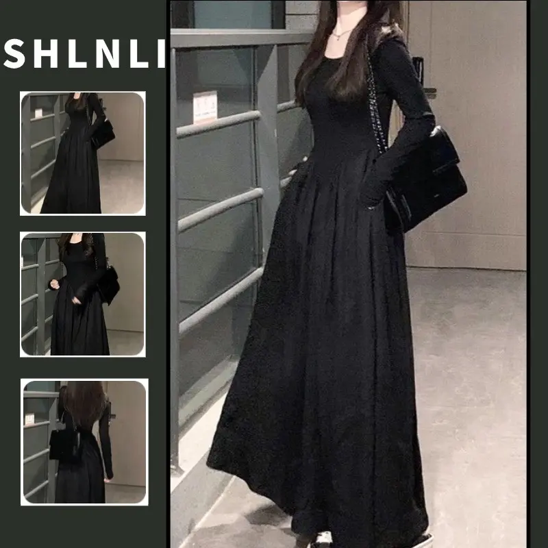 Round Neck Hepburn Style Long Sleeved Black Women's Dress Casual Solid Color Autumn Long Skirt