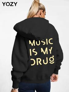 YOZY Women's Letter Print Drop Shoulder Hoodie, Fashion Casual Regular Fit Kangaroo Pocket Hooded Sweatshirt for Daily Holiday Outdoor Wear, Women Clothing for Fall & Winter