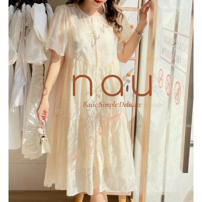 Đầm hoa voan suông rộng 5 màu Vàng kem Xanh Trắng Xanh bơ Cam