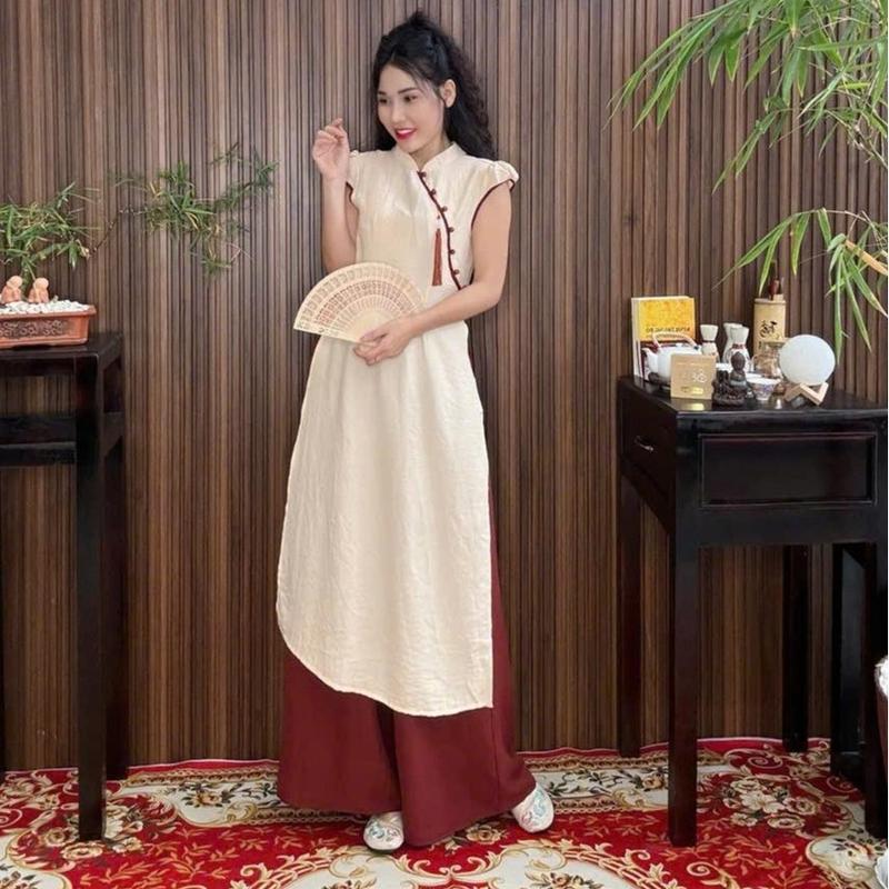 Thiết Tử - Bộ Áo Dài Nữ Cách Tân Big Size Tay Ngắn Vải Tằm Bông Mềm Mại-HyHy