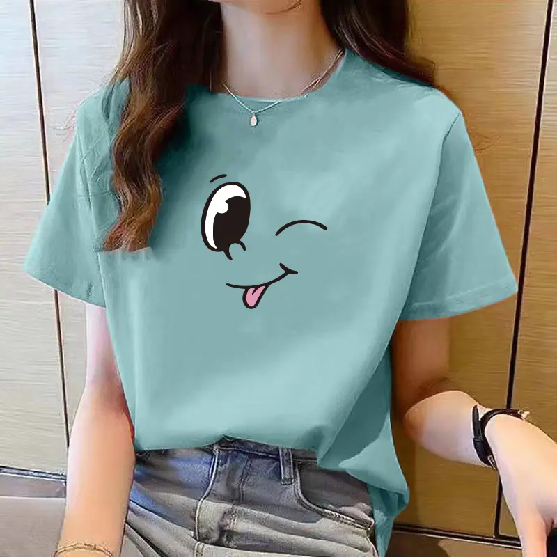 ladies clothes women t shirt Summer top Short Sleeve loose tshirt women New casual Round Neck pink t shirt for women Collar Minimalist Print Rose Pullover Style Womenswear Fabric