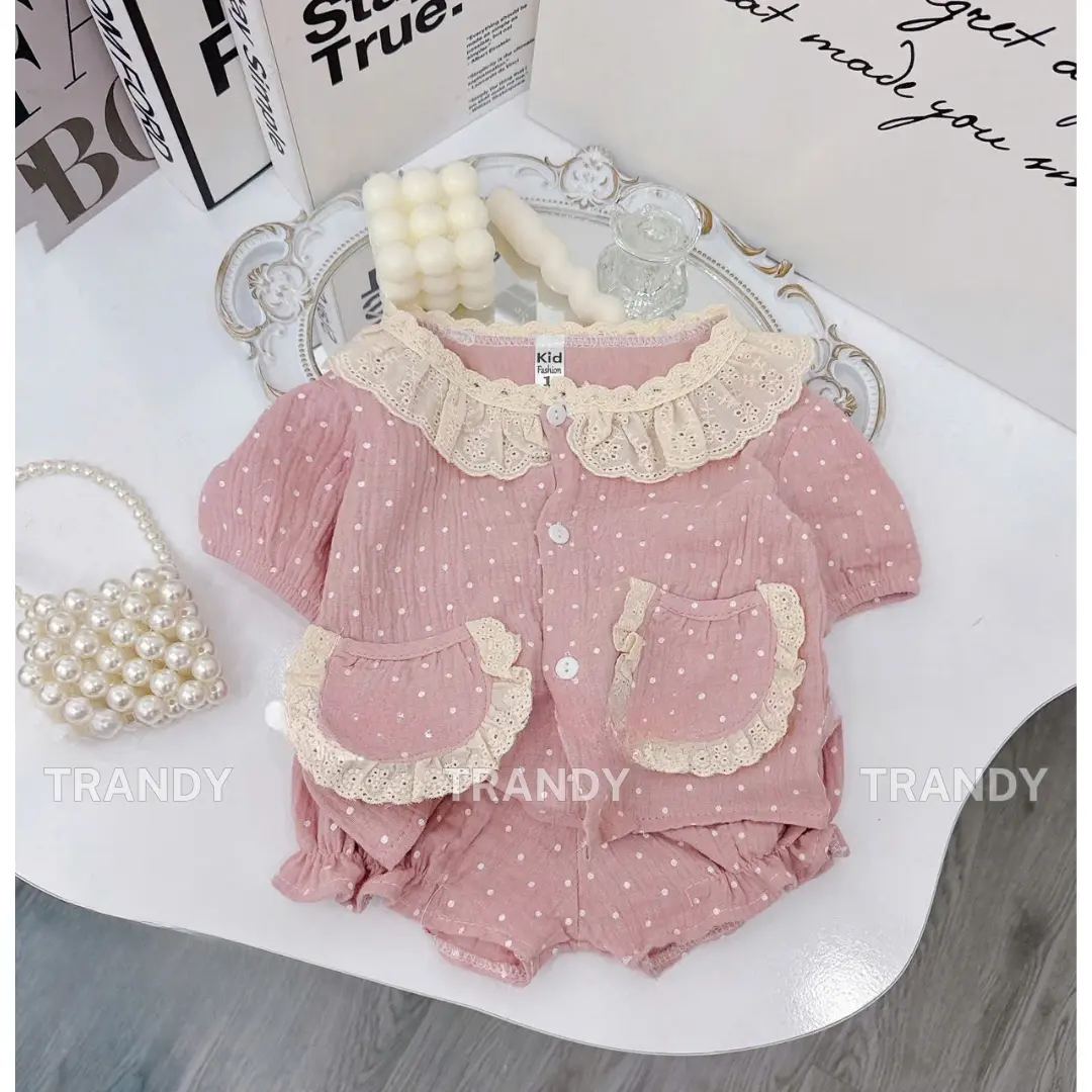 [TRANDY kids] Bộ đũi tay cộc cổ bèo vải xô Muslin họa tiết siêu xinh cho bé gái (7-15kg), mềm mát thoáng khí