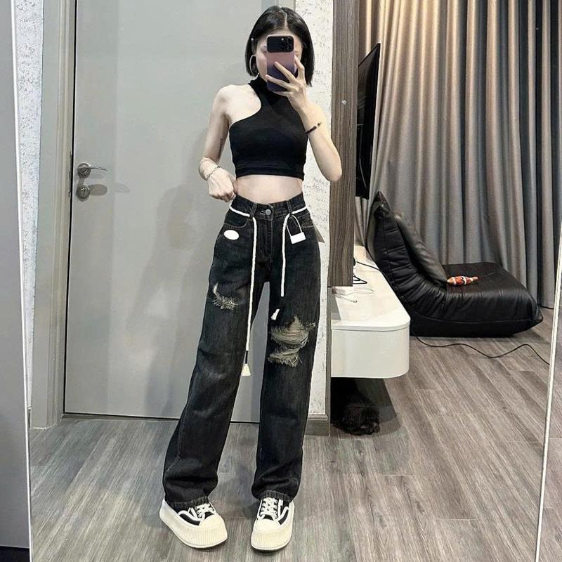 Quần bò rách gối MELINA (tặng kèm dây) quần jean nữ ống suông rách ít dễ phối đồ màu đen ánh rêu size S M L 500