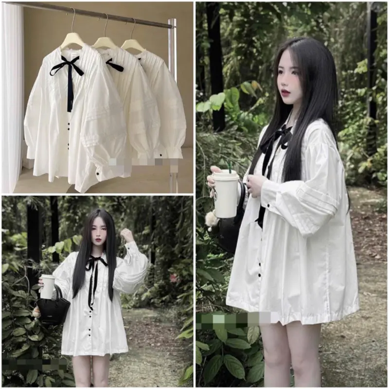 Váy Babydoll Sơ Mi Dáng Ngắn Thắt Nơ Đen Cực Điệu, Tiểu Thư Xinh Lung Linh Nữ Dress Kem Nhung Women Voi Dài Tay Voan Màu Trắng