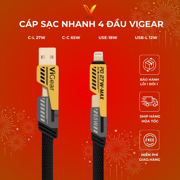 Cáp Sạc Nhanh ViGear 4 in 1 C to L 27w và Type-C 65W cho lp và Samsung , sợi cáp bọc dù đầu kim loại phụ kiện sạc điện thoại