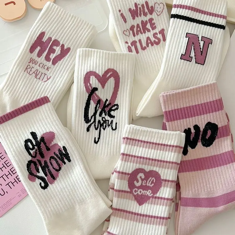 Pink Socks Mid-Calf Autumn and Winter Ins Tide Versatile Mori Cotton Online Celebrity College Style Cute Sport Long Socks