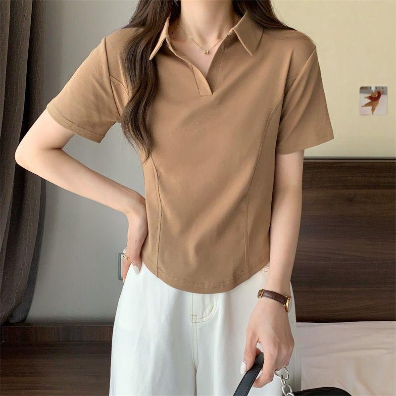 Product Introduction of Summer New Korean Style Polo Collar Solid Color Short-Sleeved Top for Women Slim Casual All-Match T-shirt Women 14