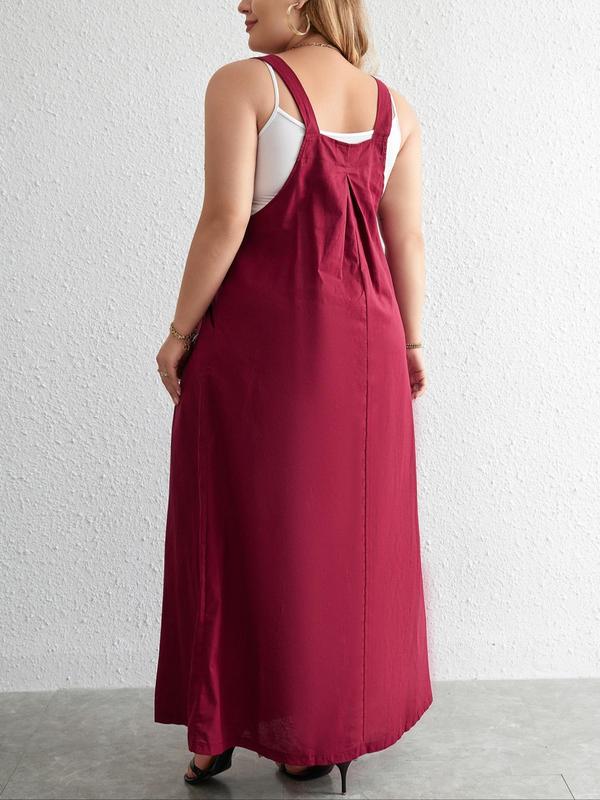 Women's Plus Size Plain Buttons Plicated Pocket Pinafore Dress without Camisole, Summer Clothes Women, Casual Square Neck Sleeveless Long Dress for Summer, Ladies Plus Clothing, Dresses Summer 3