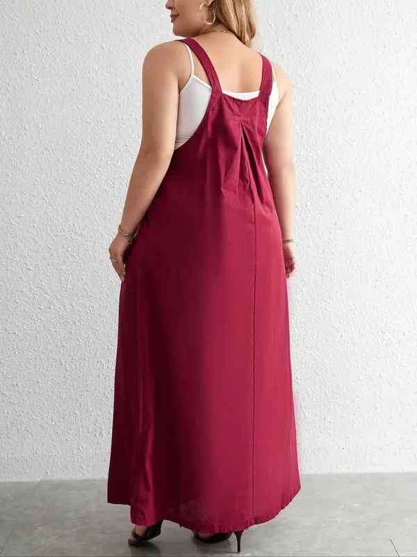 Women's Plus Size Plain Buttons Plicated Pocket Pinafore Dress without Camisole, Summer Clothes Women, Casual Square Neck Sleeveless Long Dress for Summer, Ladies Plus Clothing, Dresses Summer 3