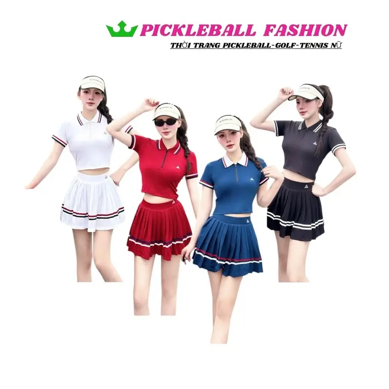 [PICKLEBALL] Bộ thể thao nữ 2 sọc viền,mở khoá trụ khoe dáng xinh,chất liệu thun lạnh-chơi pickleball, golf,tennis..