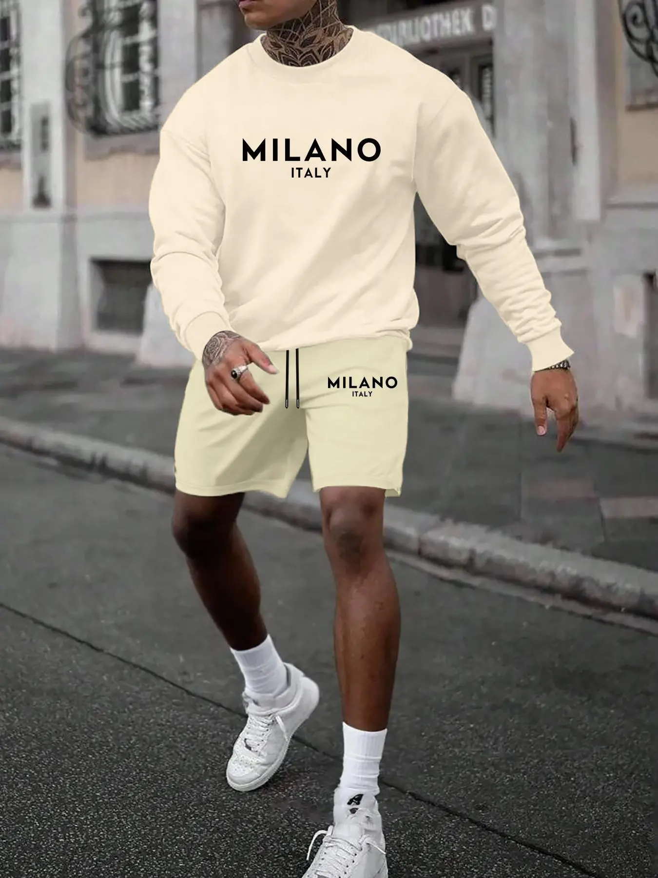 Men's Letter Print Sweatshirt & Shorts Set, Casual Street Round Neck Long Sleeve Pullover & Track Shorts for Spring & Fall, Men's Clothes for Daily Wear
