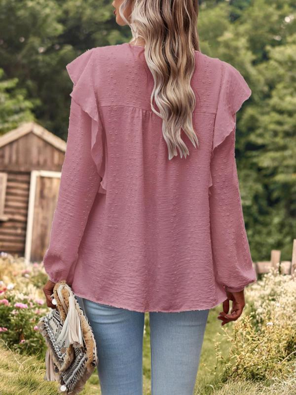 Women's Plain Contrast Lace Swiss Dot Ruffle Trim Blouse, Boho Bishop Sleeve Keyhole Back Top for Fall & Winter, Women's Clothing for Daily Wear 6
