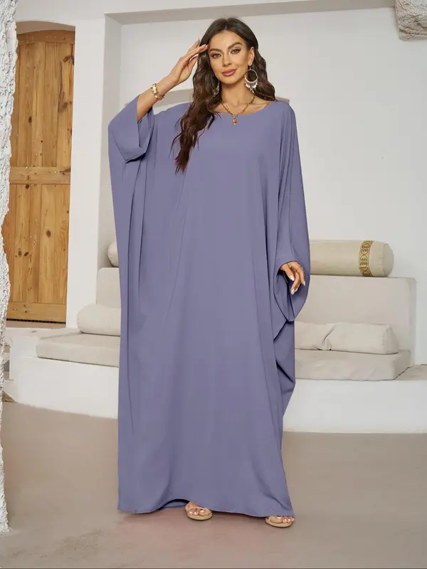 Women's Plain Batwing Sleeve Kaftan Dress, Elegant Long Sleeve Round Neck Maxi Dress for Daily Wear, Dresses for Women, Ladies Clothes for All Seasons 2