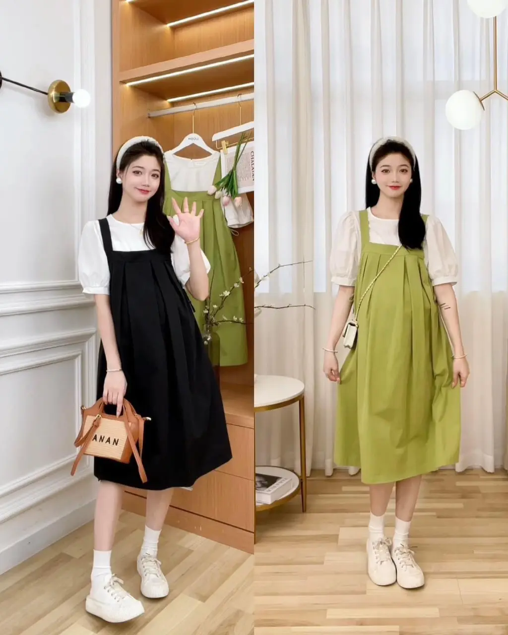 váy bầu xinh Thiết kế Yếm riêng, áo cộc trắng riêng,2 màu xanh và đen, đi làm công sở,đi chơi phù hợp mùa hè size 40-80kg