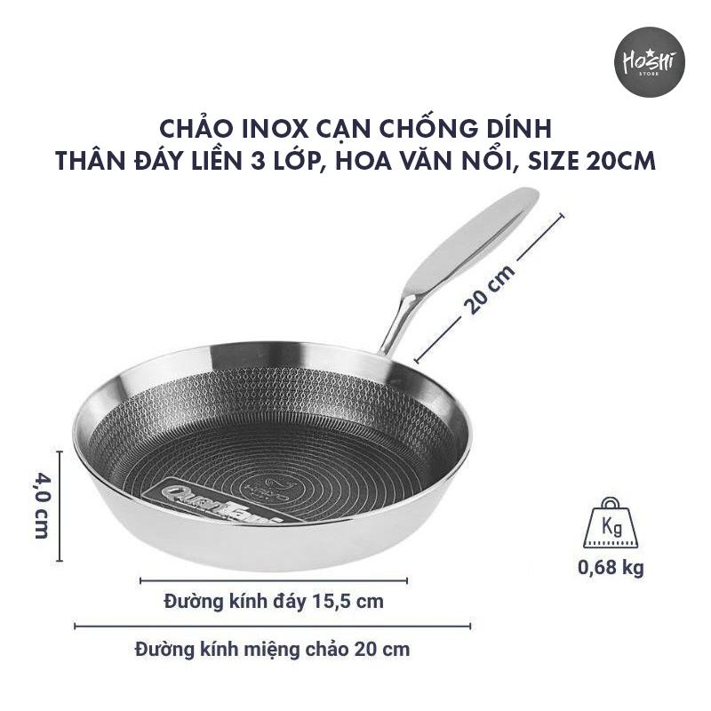 Chảo inox cạn chống dính, hoa văn nổi (KY) - size 20cm/24cm/26cm