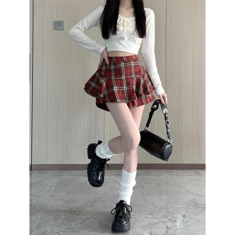 Chân Váy Họa Tiết Đỏ, Hình Quả Lê Kiểu Mỹ Dễ Thương Và Gợi Cảm, Dành Cho Mùa Hè Của Phụ Nữ, Cạp Cao, Mỏng Vừa Vặn, Chân Váy Xếp Ly Dễ Phối Đồ Culottes 3