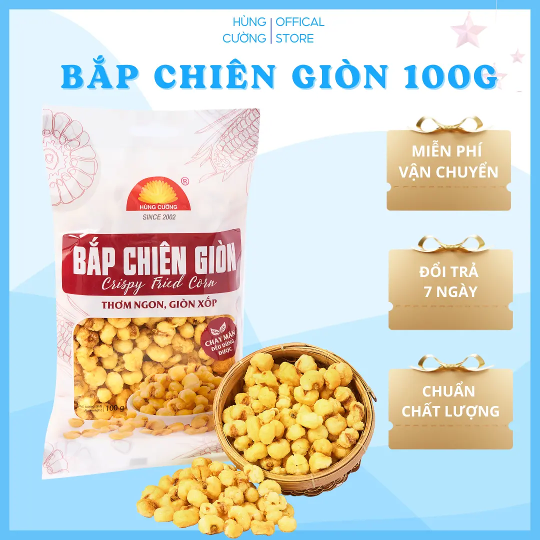 Bắp chiên 100g, bắp chiên Hùng Cường, ăn vặt ngon giòn, snack ăn vặt, snack food, ăn vặt tuổi thơ