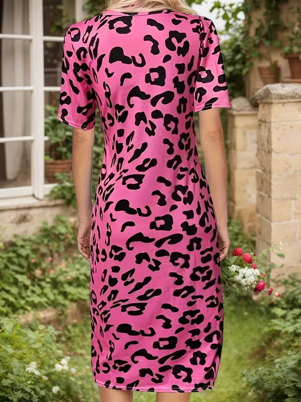 Women's Leopard Print Knot Front Split Hem Dress, Casual Short Sleeve Round Neck Dress for Summer, Ladies Clothes for Daily Wear, Womenswear, Summer Dresses 1