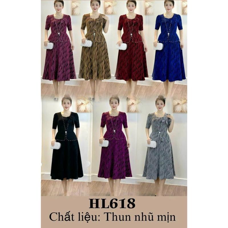 Đầm Đi Tiệc Mã HL618 Dáng Lững Chất vải Thun Nhũ Đính Đá DMC Cao Cấp Từ 50kg đến 75kg Dress Women midi váy kim 7