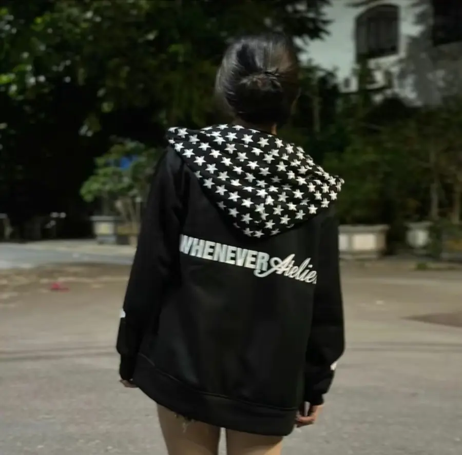 Áo khoác nỉ hoodei phối họa tiết mũ ngôi sao mũ 2 lớp form to Nam Hoodie