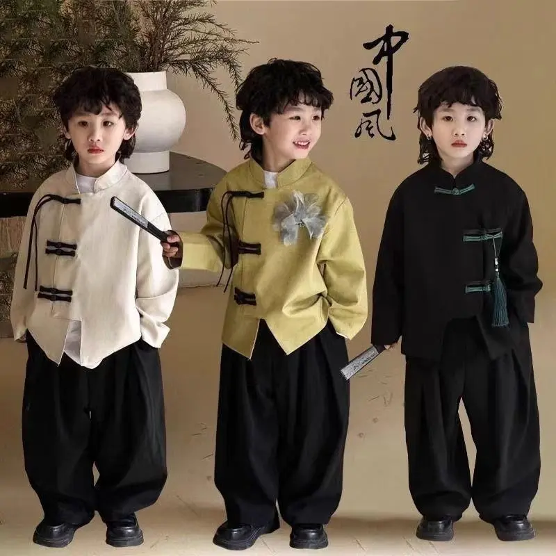 Bộ Đồ Phong Cách Trung Quốc Cho Bé Trai, Hàng Mới Về, Phong Cách Trung Quốc Cho Trẻ Em, Quần Áo Cổ Trang Hán, Bộ Đồ Hai Mảnh, Hợp Xu hướng, Thích Hợp Cho Mùa Xuân, 2024