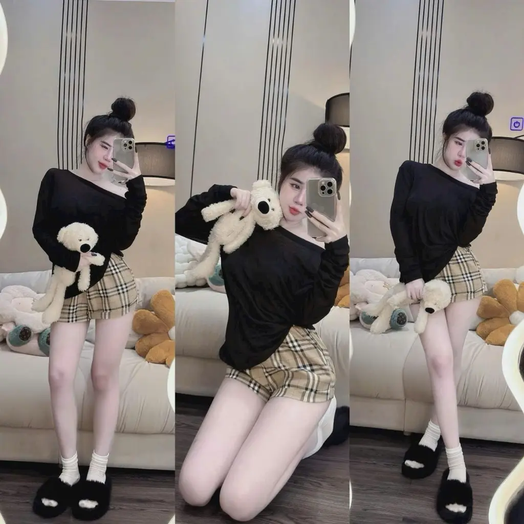 Set Bộ Áo Thun Giấy Tay Dài Form Rộng Mix Quần Short Đùi Hottrend đồ bộ quần sọc caro