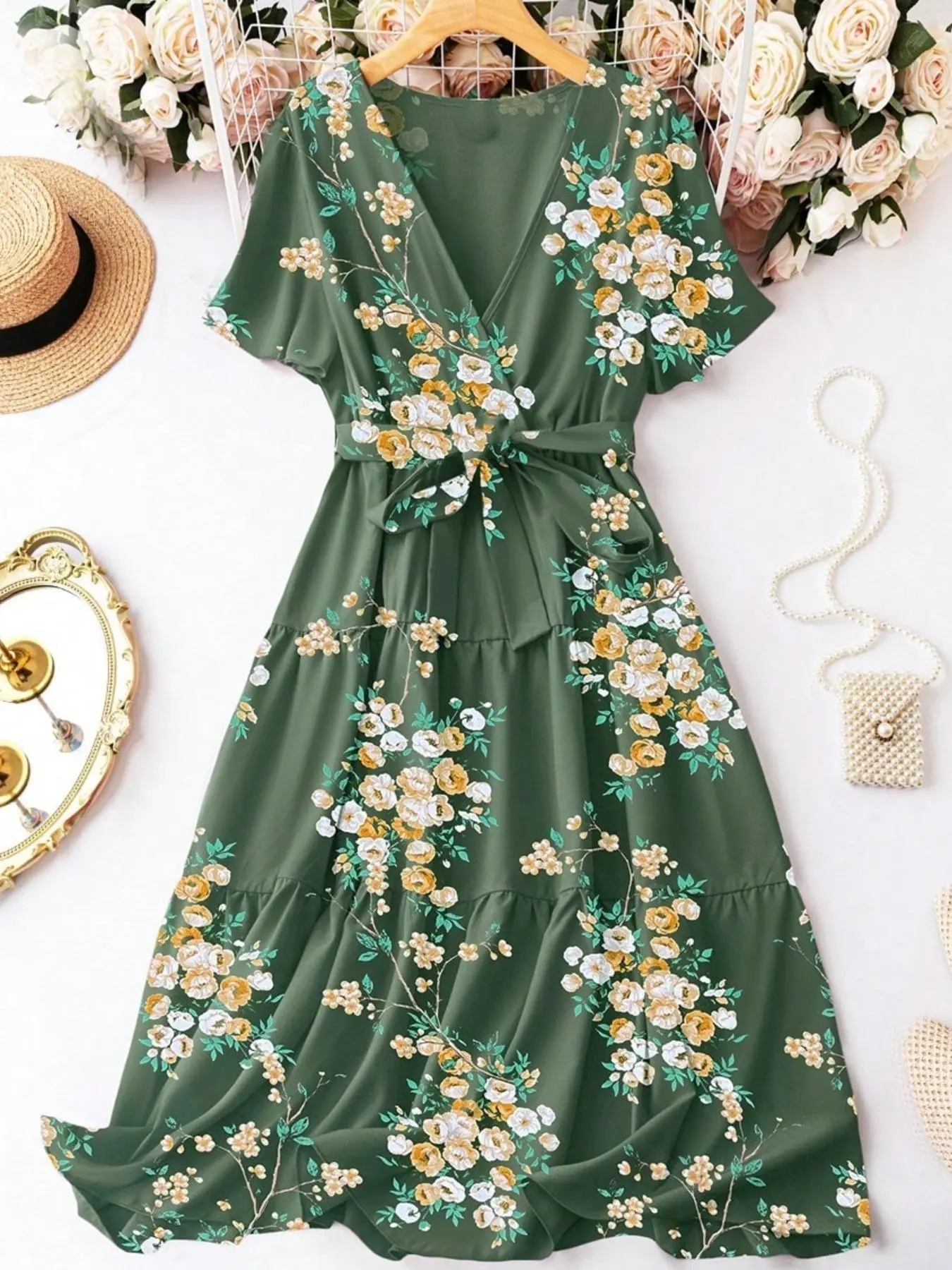 【Plus Size】 Ditsy Floral Print Belted Wrap A Line Dress, Boho Fashion V Neck Short Sleeve Dress for Daily Holiday Vacation Wear, Holiday Dresses, Women Clothing for Spring & Fall