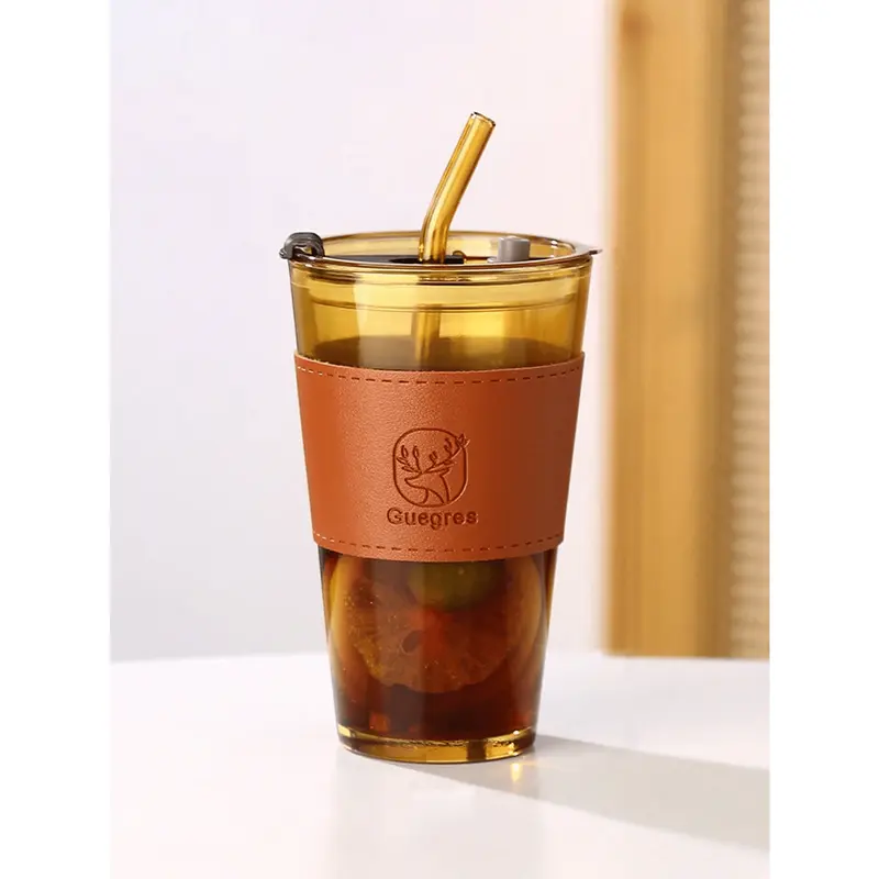 #KUP 1pc, 350ML Or 450ML Retro Transparent Water Cup, Glass Coffee Mugs With Straw And Lid, Iced Tea Cup, Juice Cup, Milk Cup, Coffee Cup, Thicken Wall Insulated Glass Cup With Protect Sleeve (Amber, Smoke Grey) 3