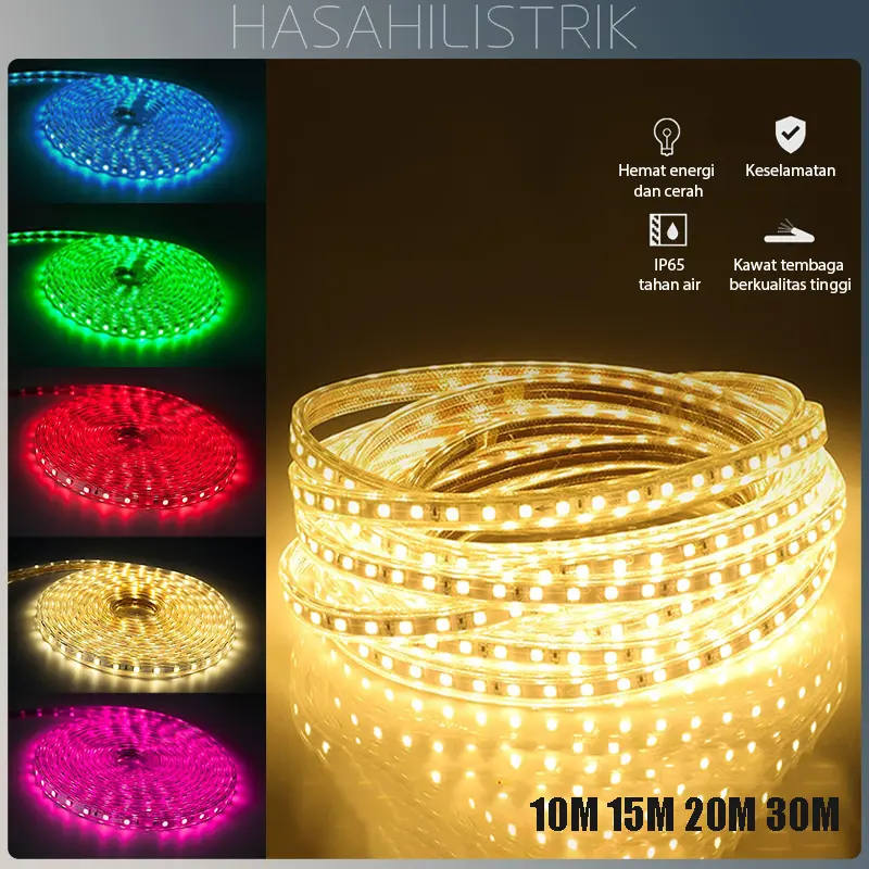 PAKET Lampu Led Strip Selang 5050 10m 20m 30 meter (Lampu strip+ Socket+tutup )5050 Lampu Hias Cafe Led Strip