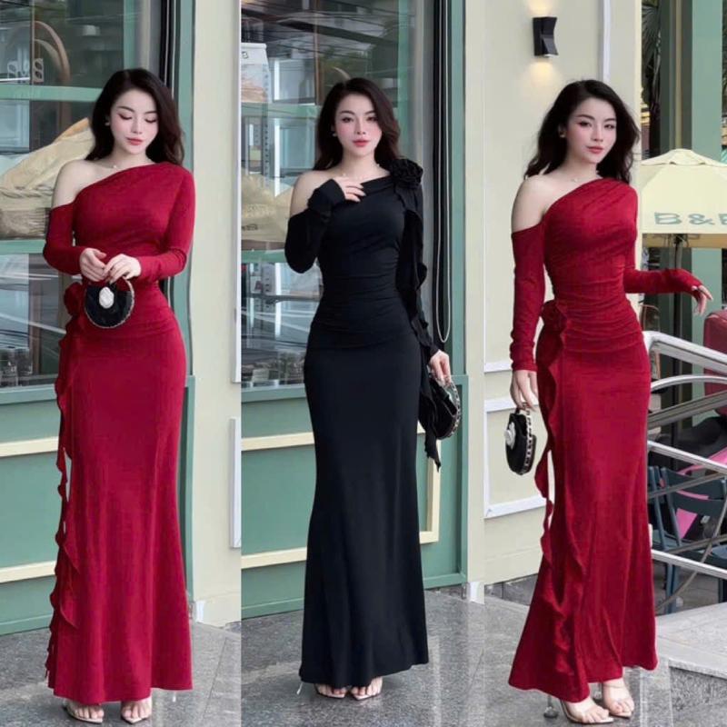 SM - Đầm cổ lệch tay dài rớt vai dáng dài đính hoa tua rua mặc tôn dáng sang chảnh - Thun gân lạnh CK0743 Váy boby , váy body nữ tôn dáng , váy xinh , váy đi tiệc , váy đi biển