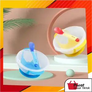 BISA COD B5074 Mangkok Set Bayi Anti Tumpah Sensor Panas / Tempat Makan Bayi Silicon Anti Slip