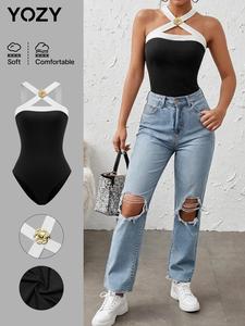 YOZY Women's Contrast Binding Flower Decor Bodysuit, Casual Criss Cross Sleeveless Bodysuit for Daily Wear, Ladies Clothes for All Seasons