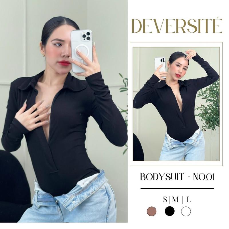 Bodysuit nữ tay dài Deversité có cổ phối khoá kéo thun tăm lạnh phong cách sexy cá tính Dài Tay
