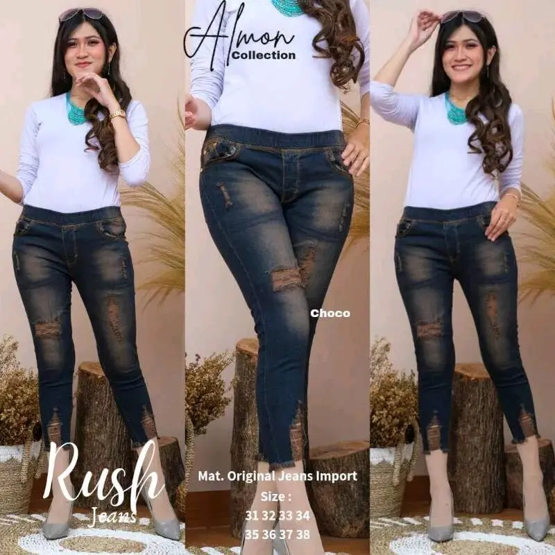 celana jeans wanita model sobek-sobek - celana Denim pinggang karet kekinian Legging Stretch Casual Waist 3
